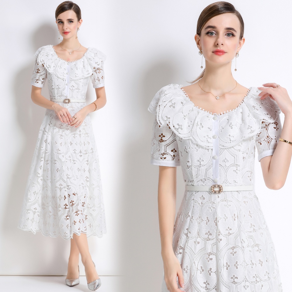 Light France style lace embroidery with belt hollow dress