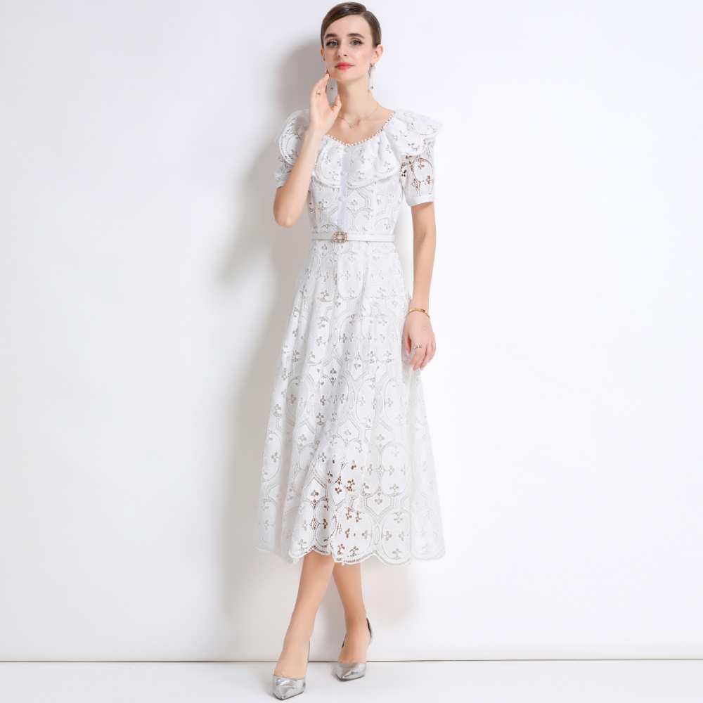 Light France style lace embroidery with belt hollow dress
