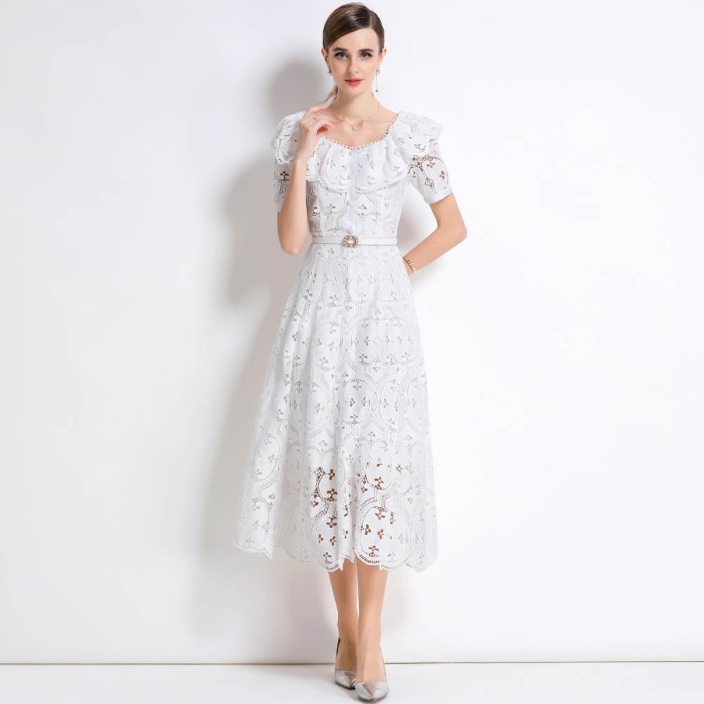 Light France style lace embroidery with belt hollow dress
