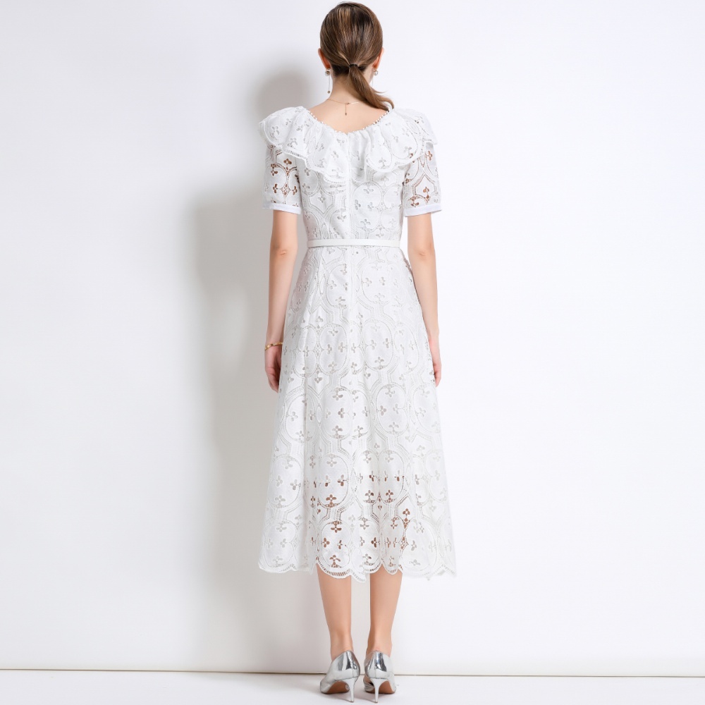 Light France style lace embroidery with belt hollow dress