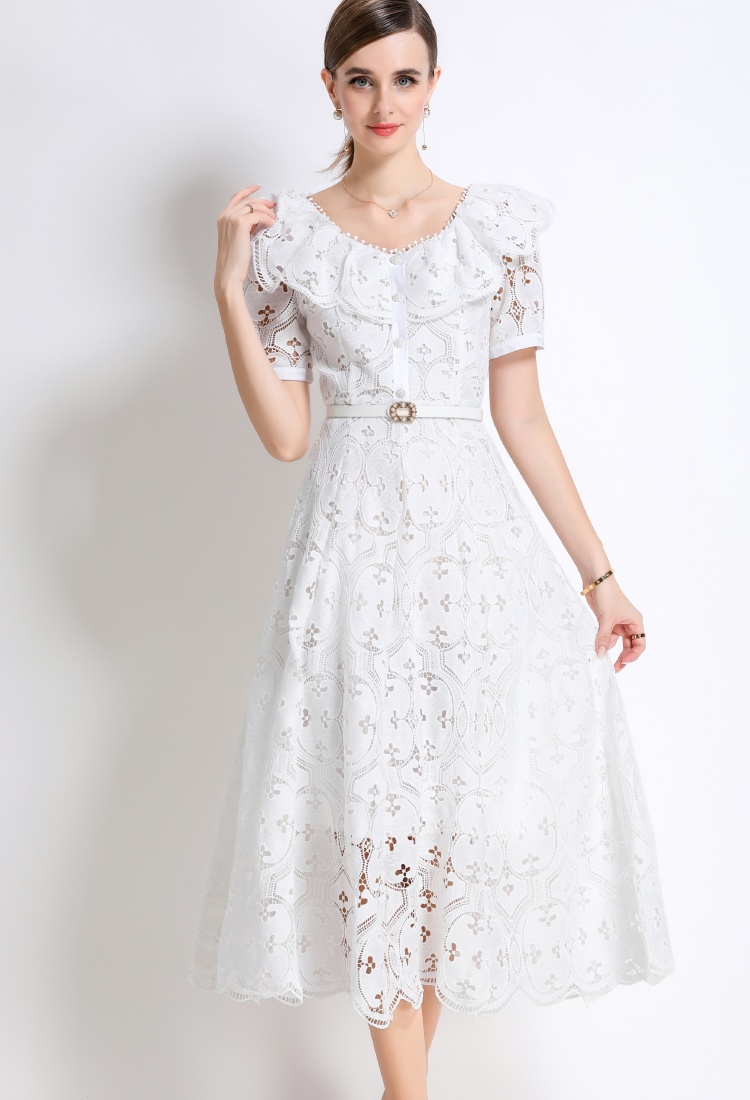 Light France style lace embroidery with belt hollow dress