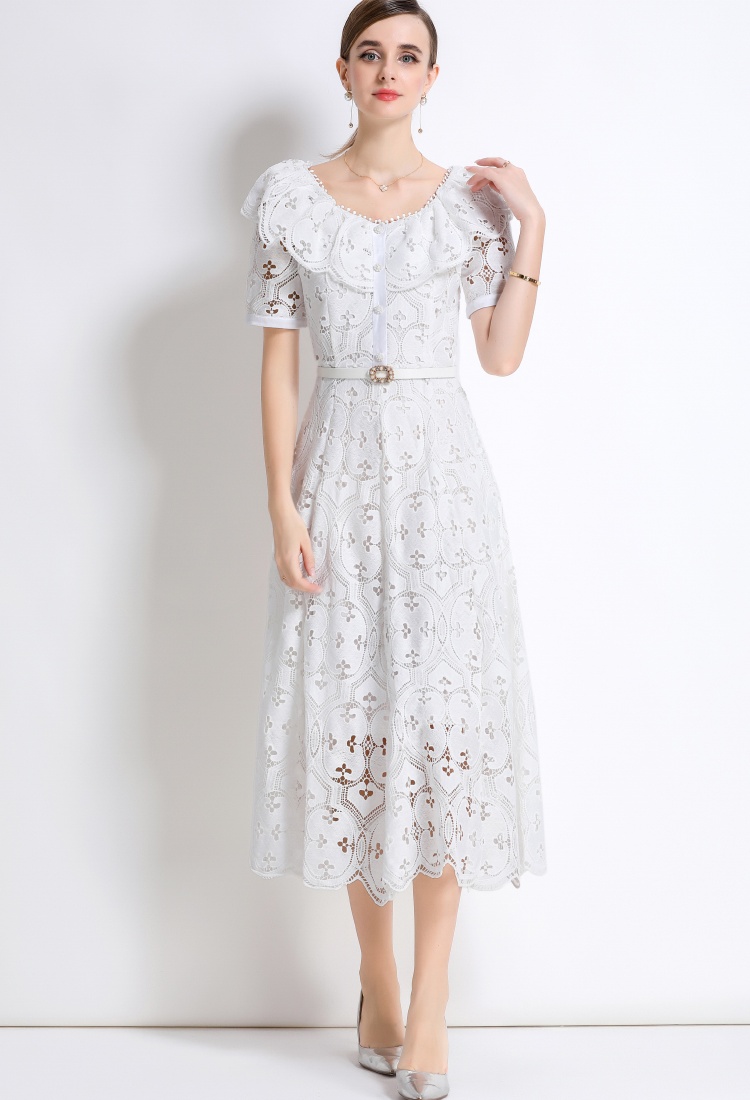Light France style lace embroidery with belt hollow dress