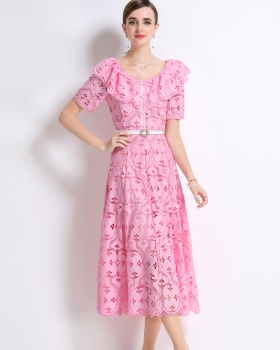 Hollow vacation France style embroidery with belt lace dress