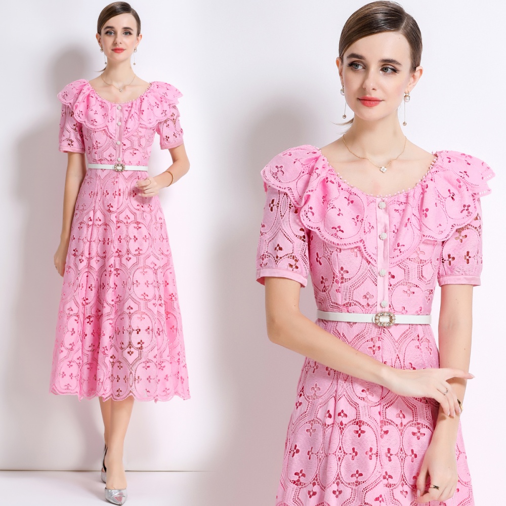Hollow vacation France style embroidery with belt lace dress