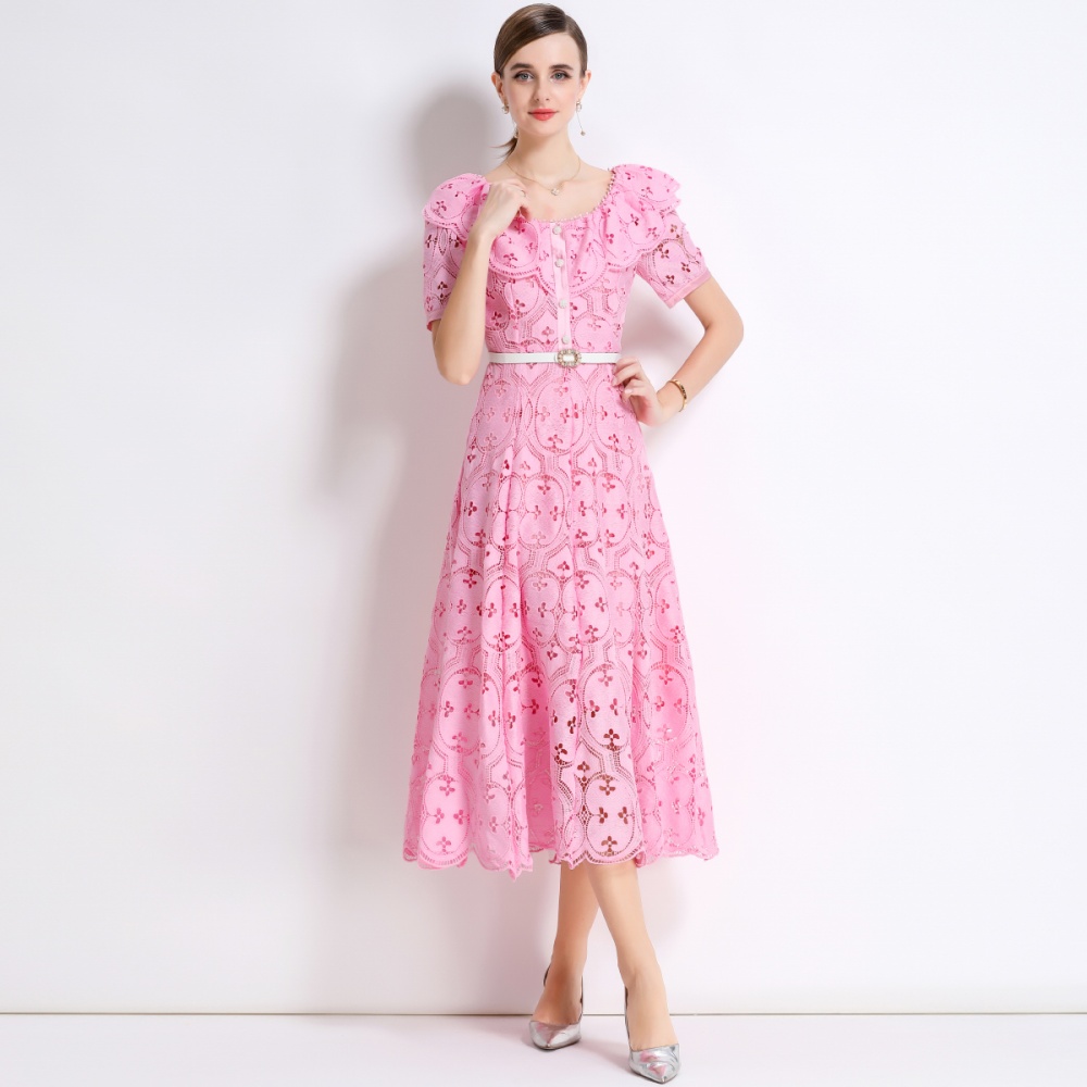 Hollow vacation France style embroidery with belt lace dress