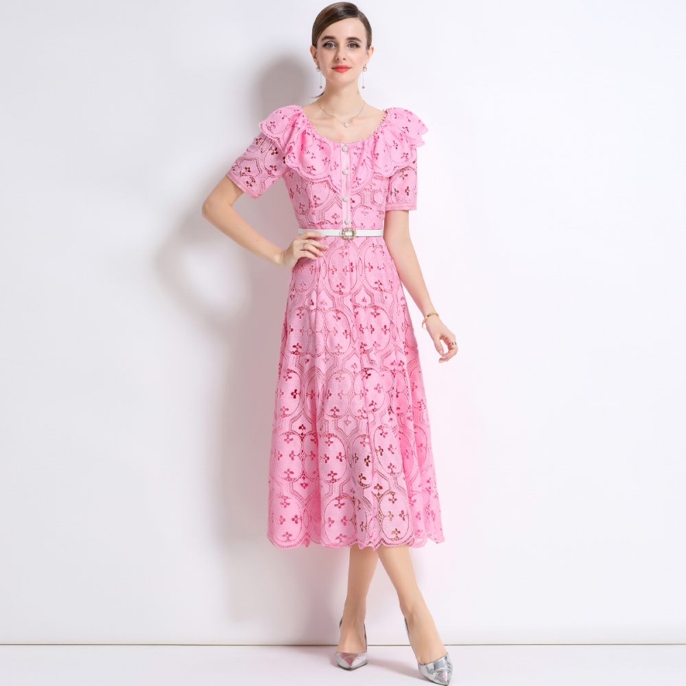 Hollow vacation France style embroidery with belt lace dress