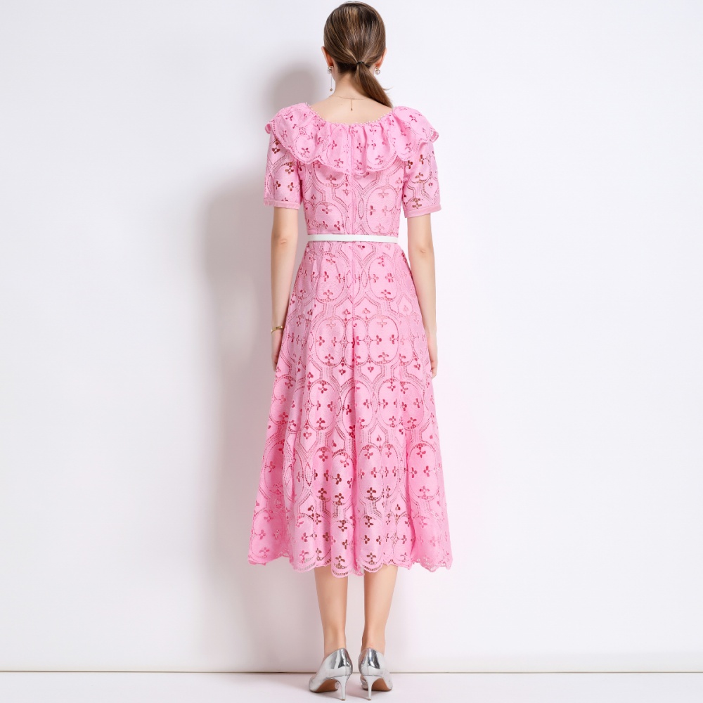 Hollow vacation France style embroidery with belt lace dress