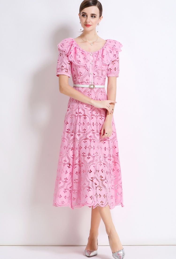 Hollow vacation France style embroidery with belt lace dress