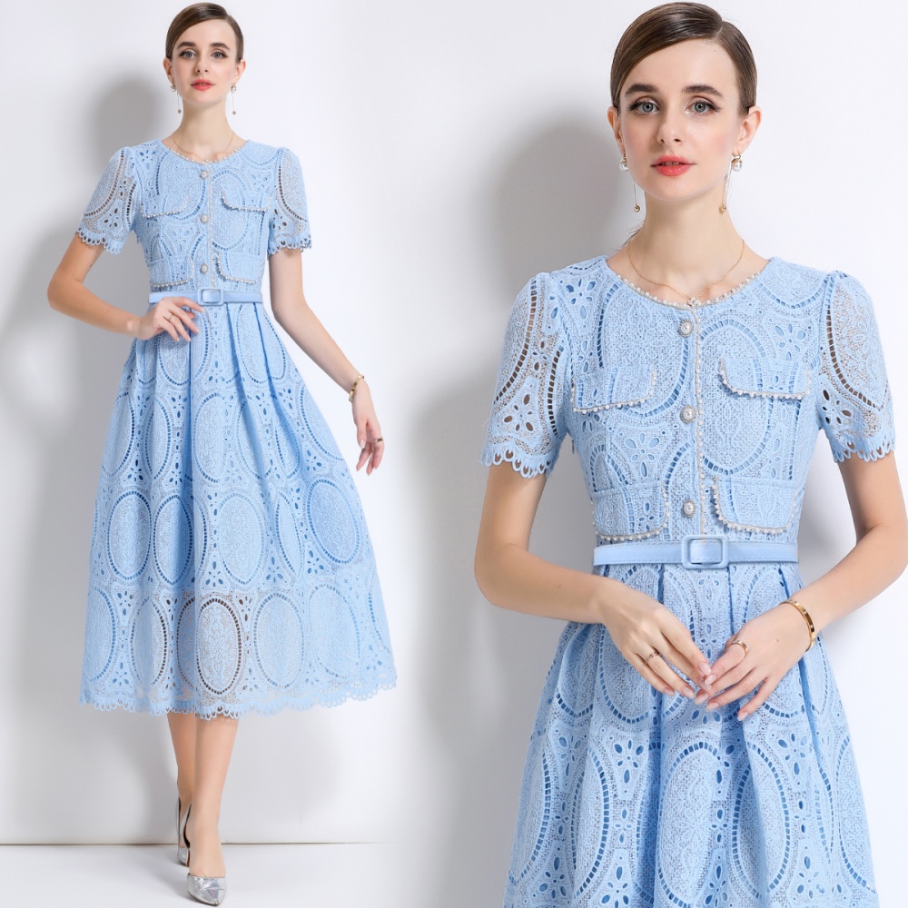 Embroidery beading with belt lace France style dress