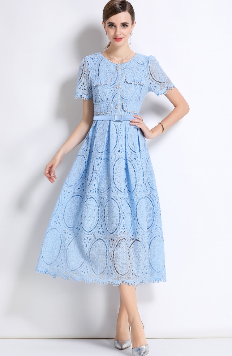Embroidery beading with belt lace France style dress