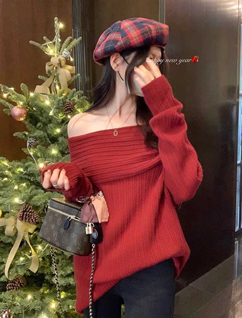 Loose all-match flat shoulder sweater lazy long tops