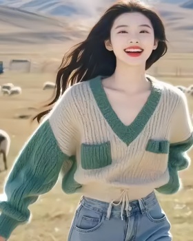 Lazy V-neck sweater loose pullover tops for women