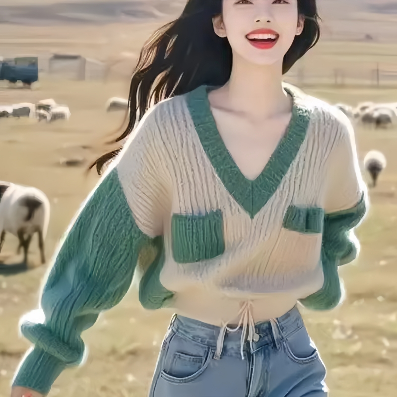 Lazy V-neck sweater loose pullover tops for women