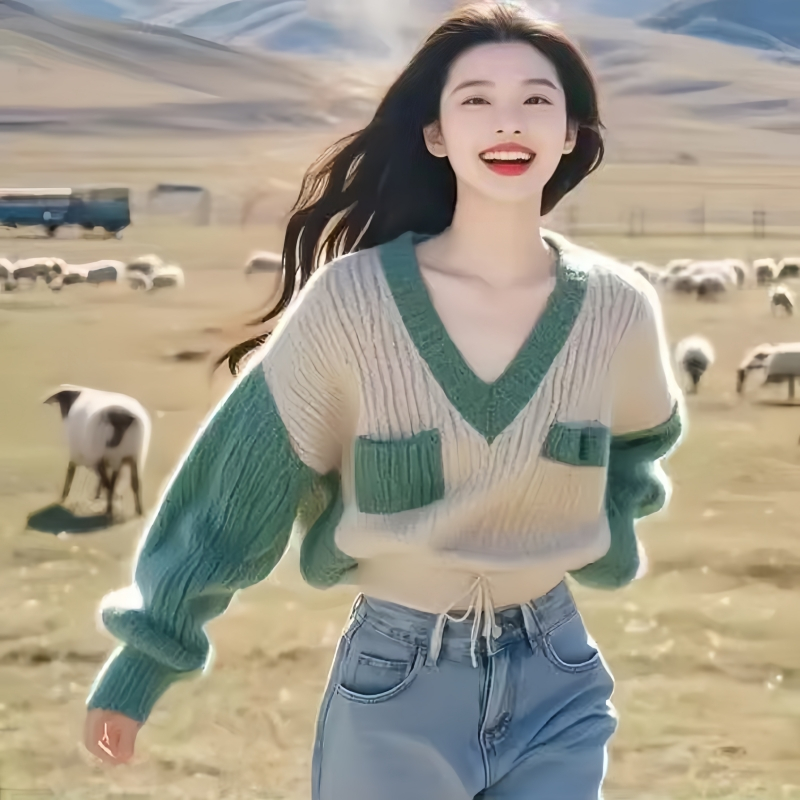 Lazy V-neck sweater loose pullover tops for women