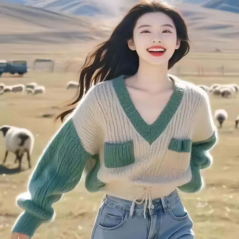 Lazy V-neck sweater loose pullover tops for women