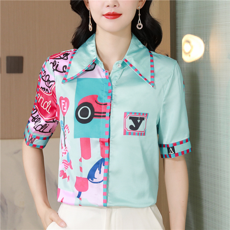 Printing real silk shirt Western style short sleeve tops