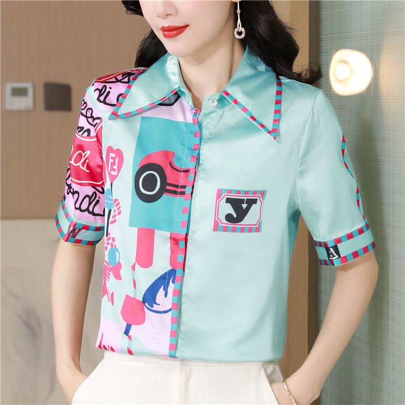 Printing real silk shirt Western style short sleeve tops