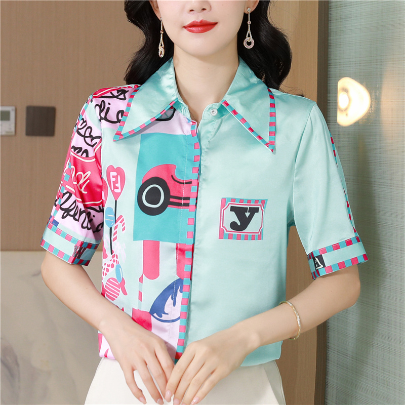 Printing real silk shirt Western style short sleeve tops