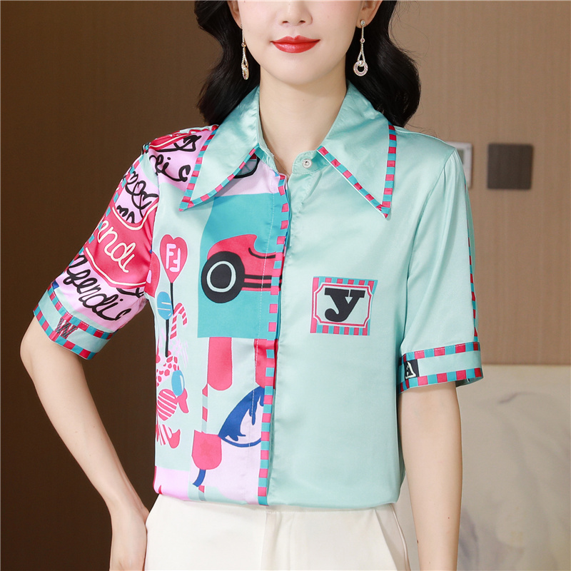 Printing real silk shirt Western style short sleeve tops