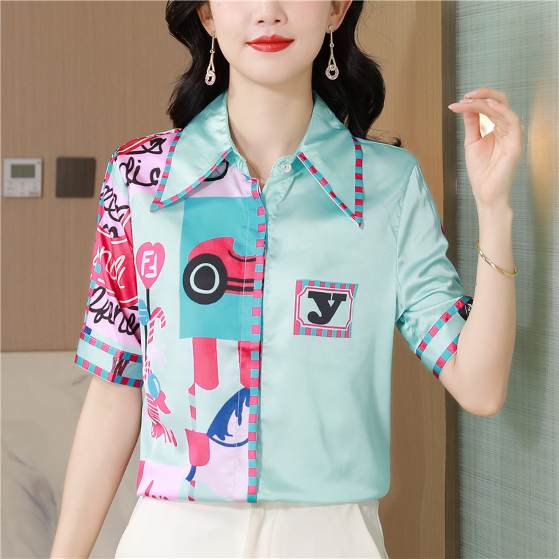 Printing real silk shirt Western style short sleeve tops