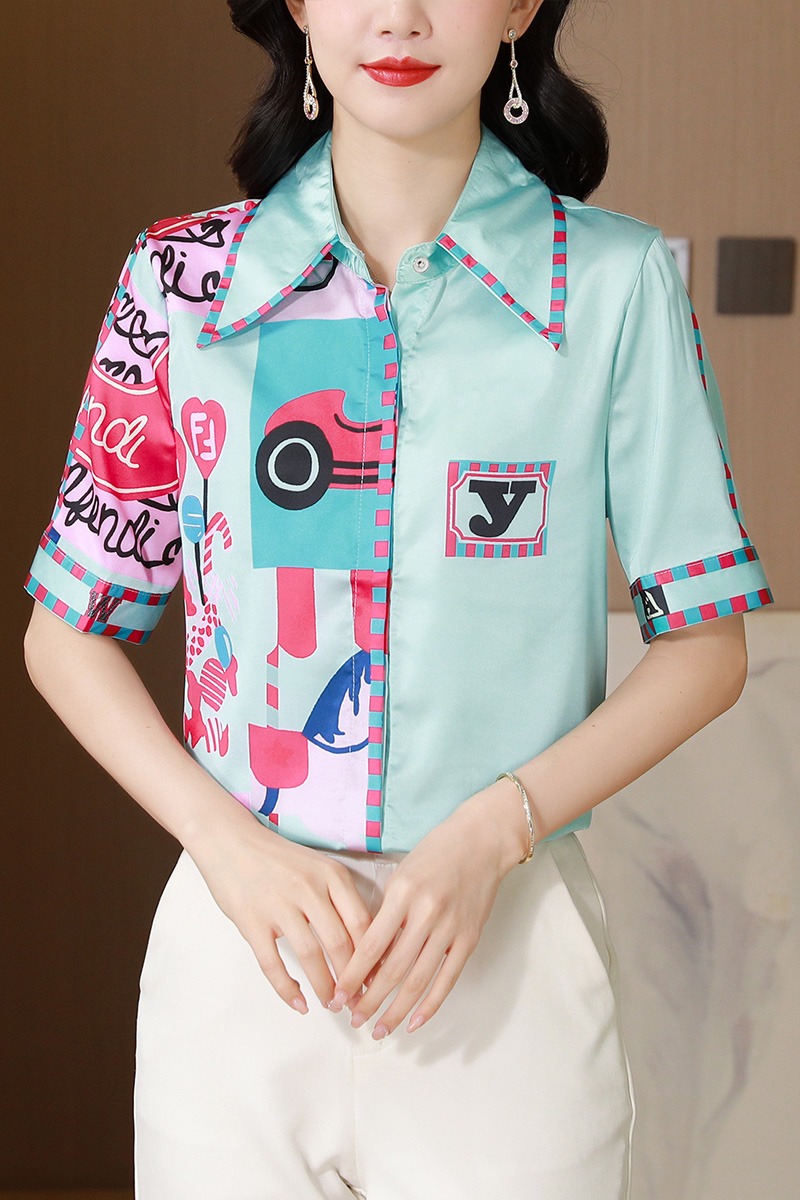 Printing real silk shirt Western style short sleeve tops