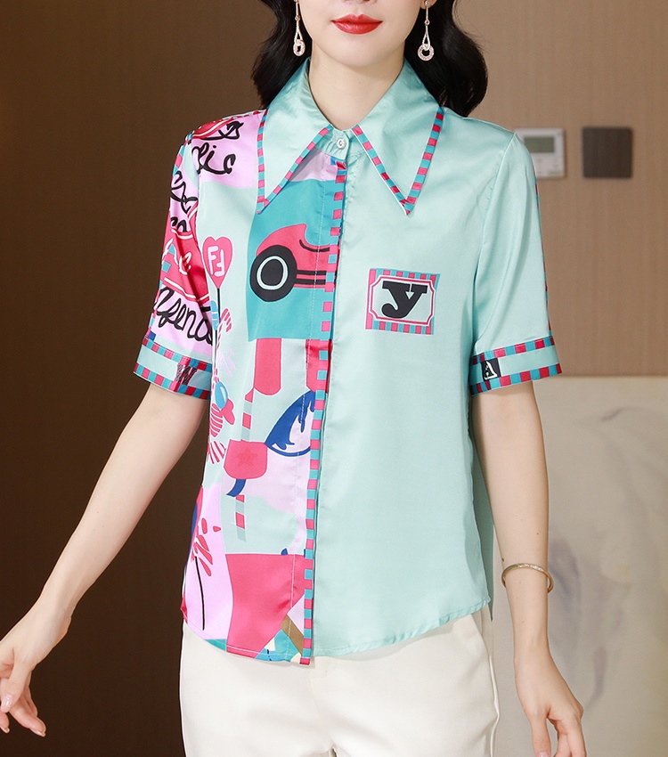 Printing real silk shirt Western style short sleeve tops