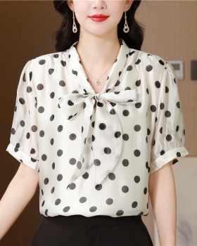 Bow silk linen France style shirt polka dot summer tops