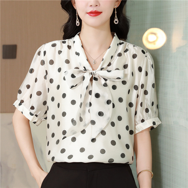 Bow silk linen France style shirt polka dot summer tops