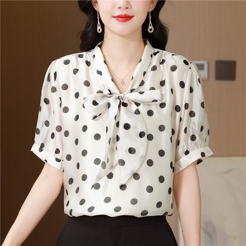 Bow silk linen France style shirt polka dot summer tops