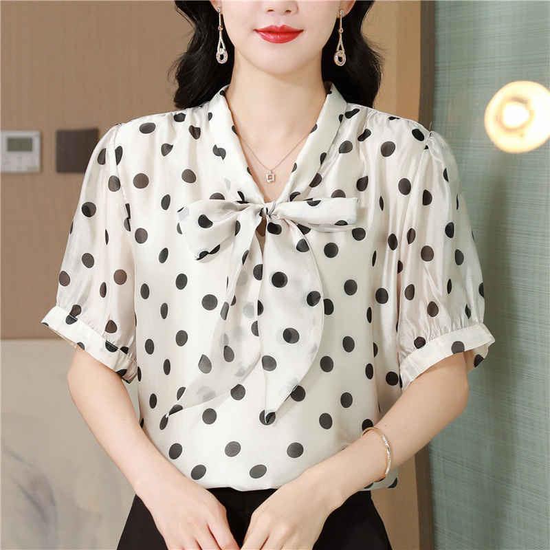 Bow silk linen France style shirt polka dot summer tops