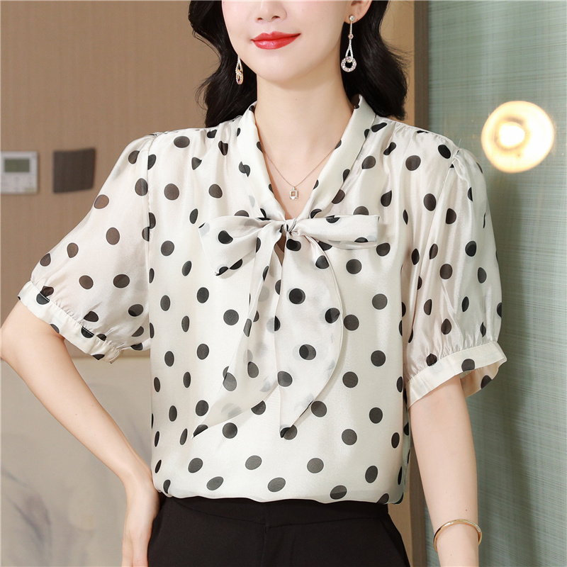Bow silk linen France style shirt polka dot summer tops