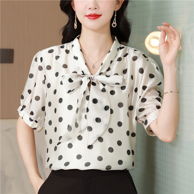 Bow silk linen France style shirt polka dot summer tops