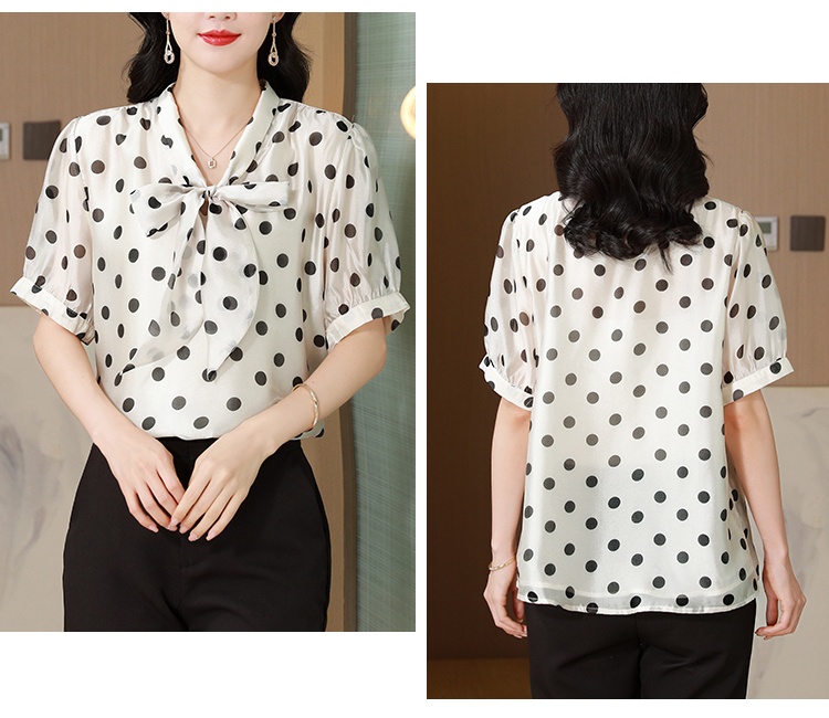 Bow silk linen France style shirt polka dot summer tops