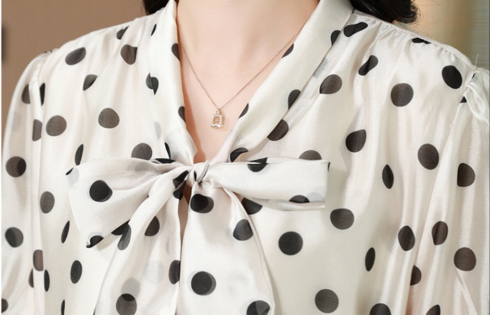Bow silk linen France style shirt polka dot summer tops