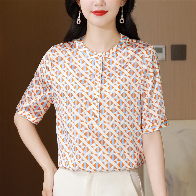 Silk short sleeve shirt temperament real silk tops for women