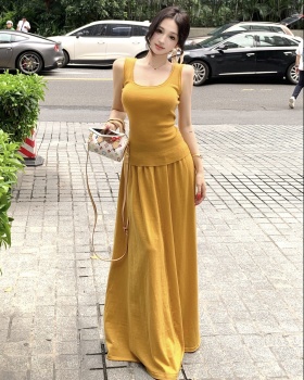 A-line slim tops U-neck sleeveless skirt 2pcs set