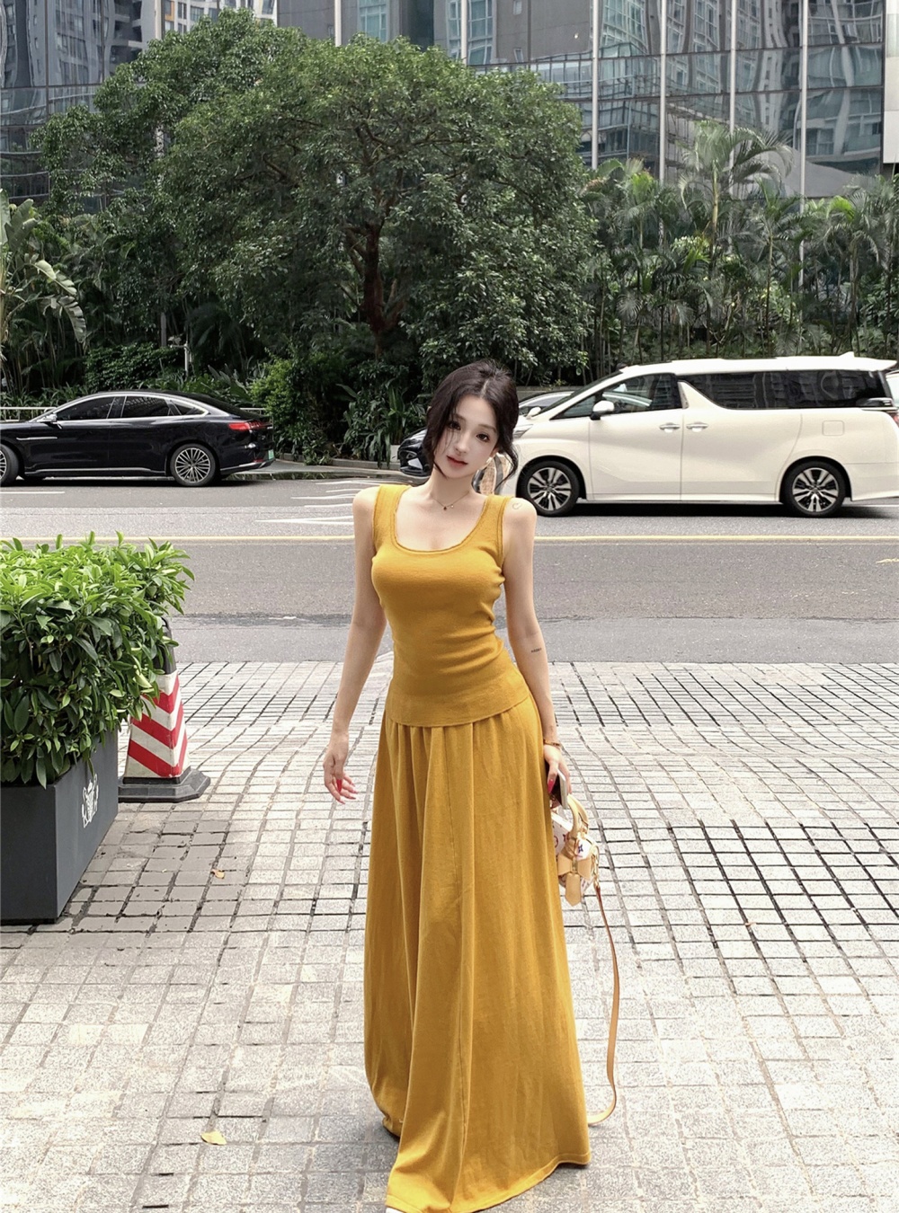 A-line slim tops U-neck sleeveless skirt 2pcs set