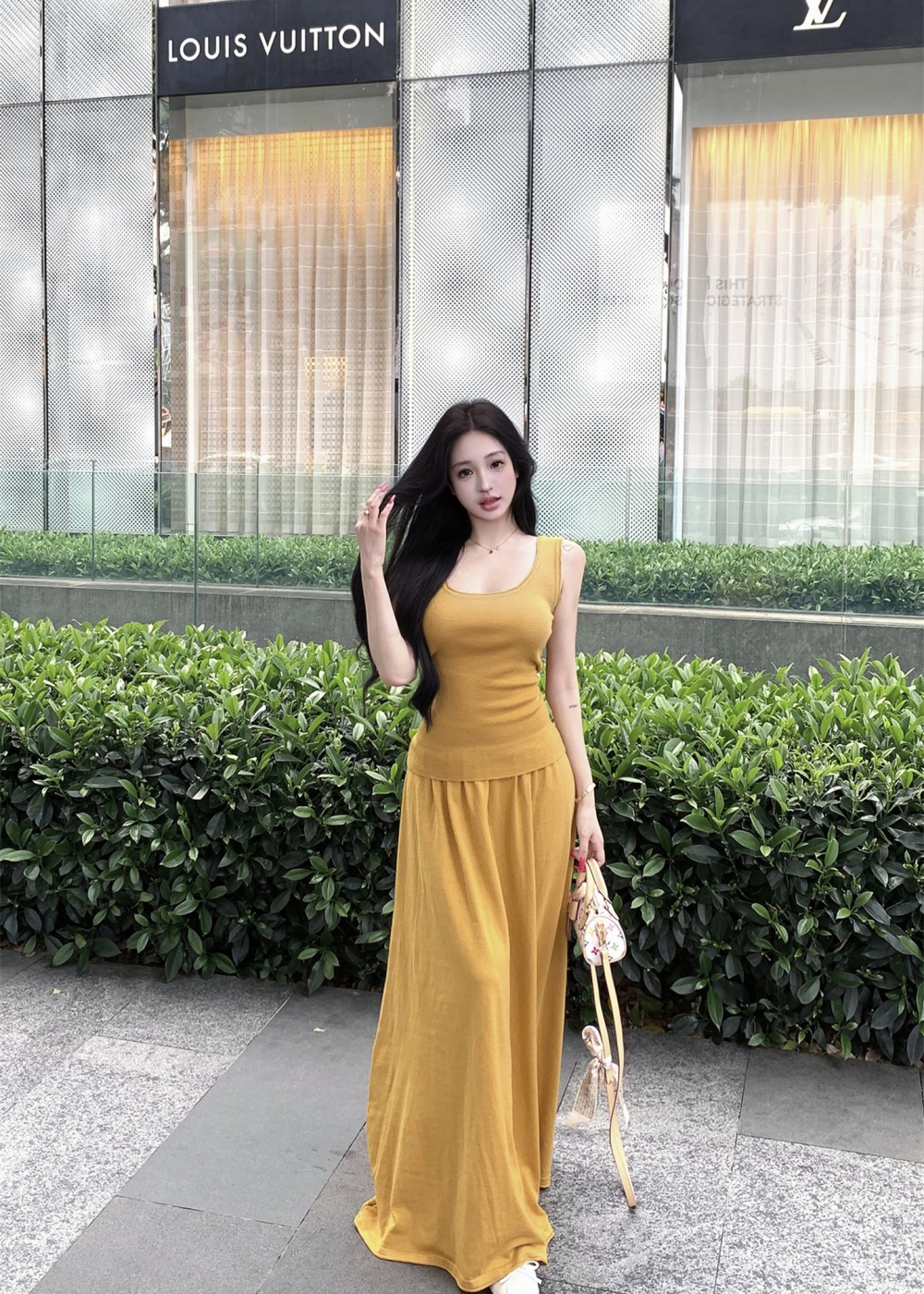 A-line slim tops U-neck sleeveless skirt 2pcs set