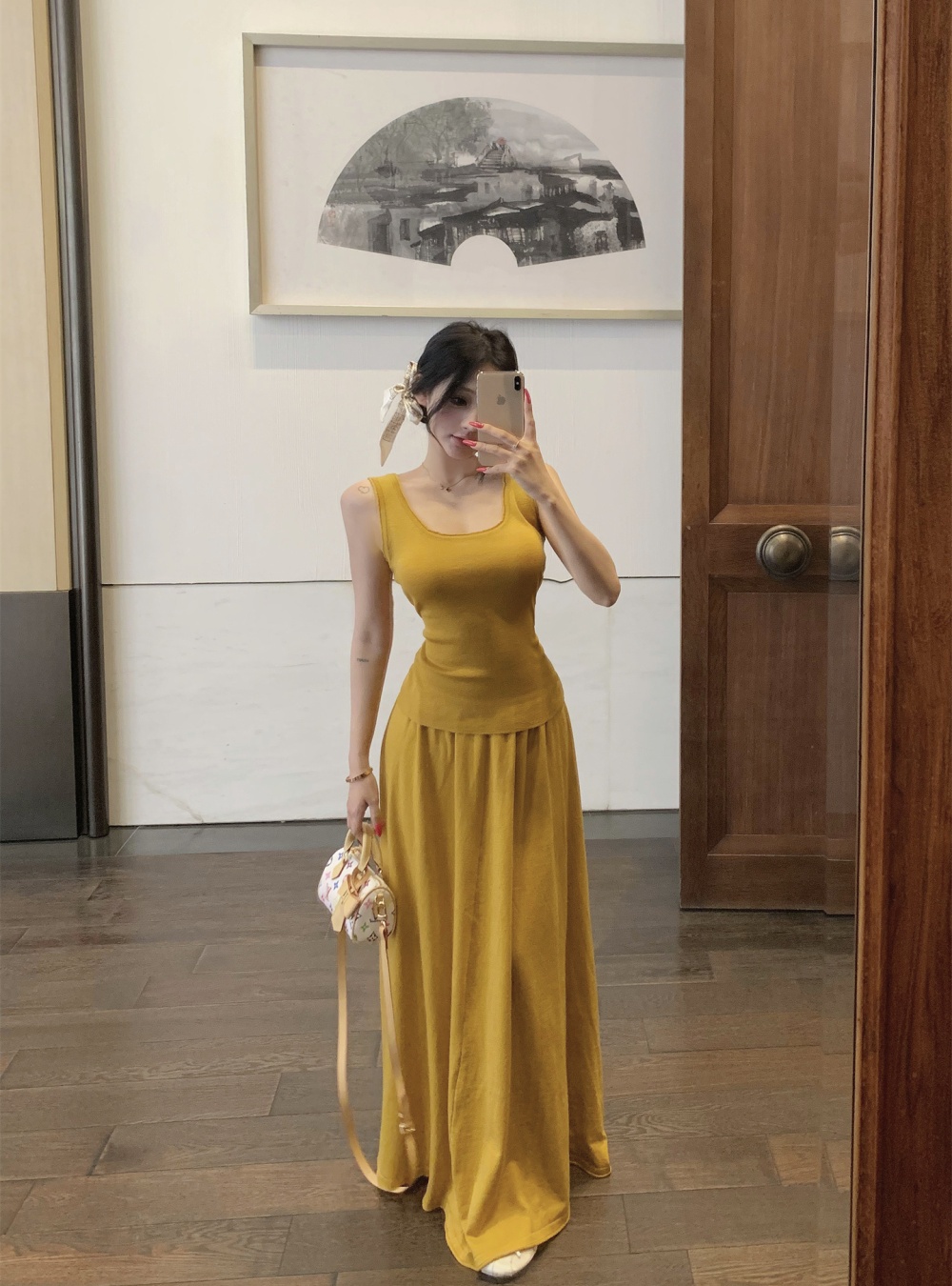 A-line slim tops U-neck sleeveless skirt 2pcs set