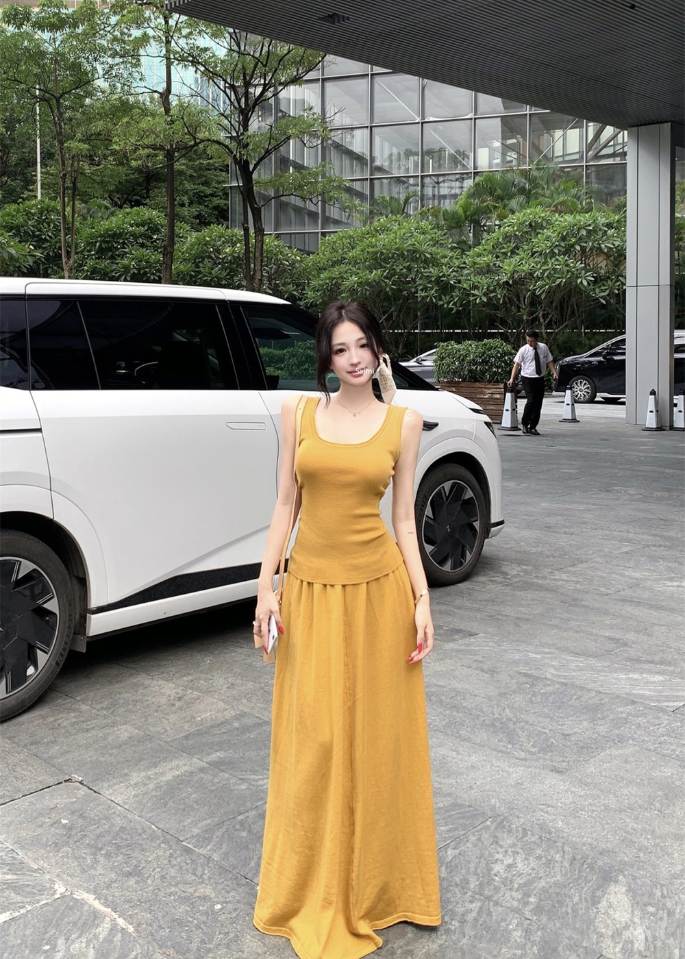A-line slim tops U-neck sleeveless skirt 2pcs set