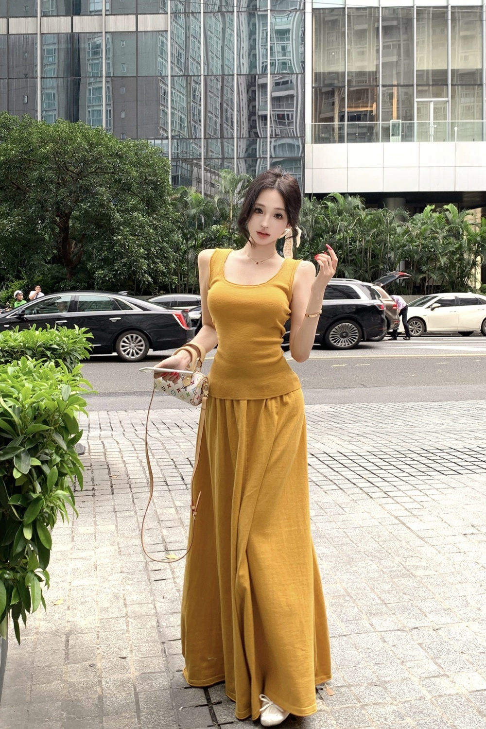 A-line slim tops U-neck sleeveless skirt 2pcs set