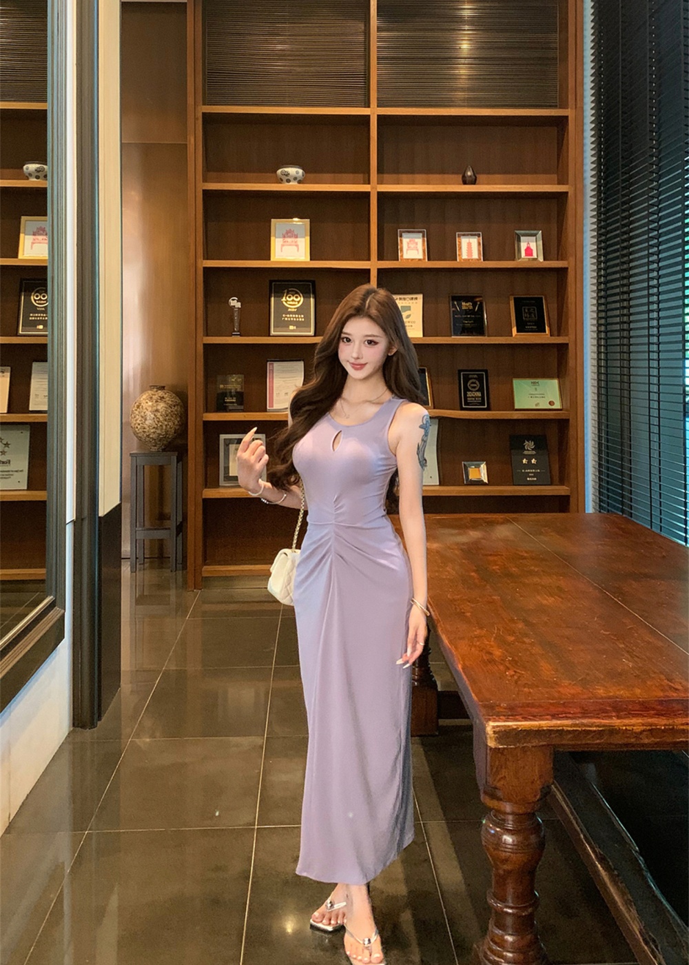 Fold temperament sexy purple dress slim tight summer vest for women