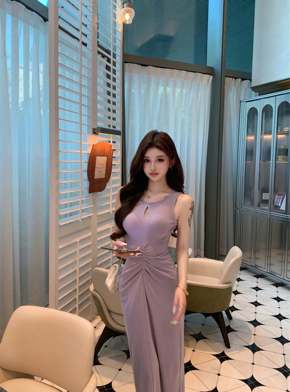 Fold temperament sexy purple dress slim tight summer vest for women
