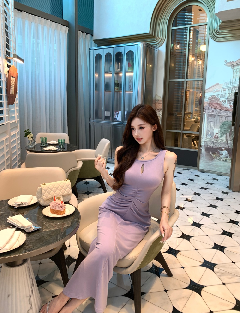 Fold temperament sexy purple dress slim tight summer vest for women