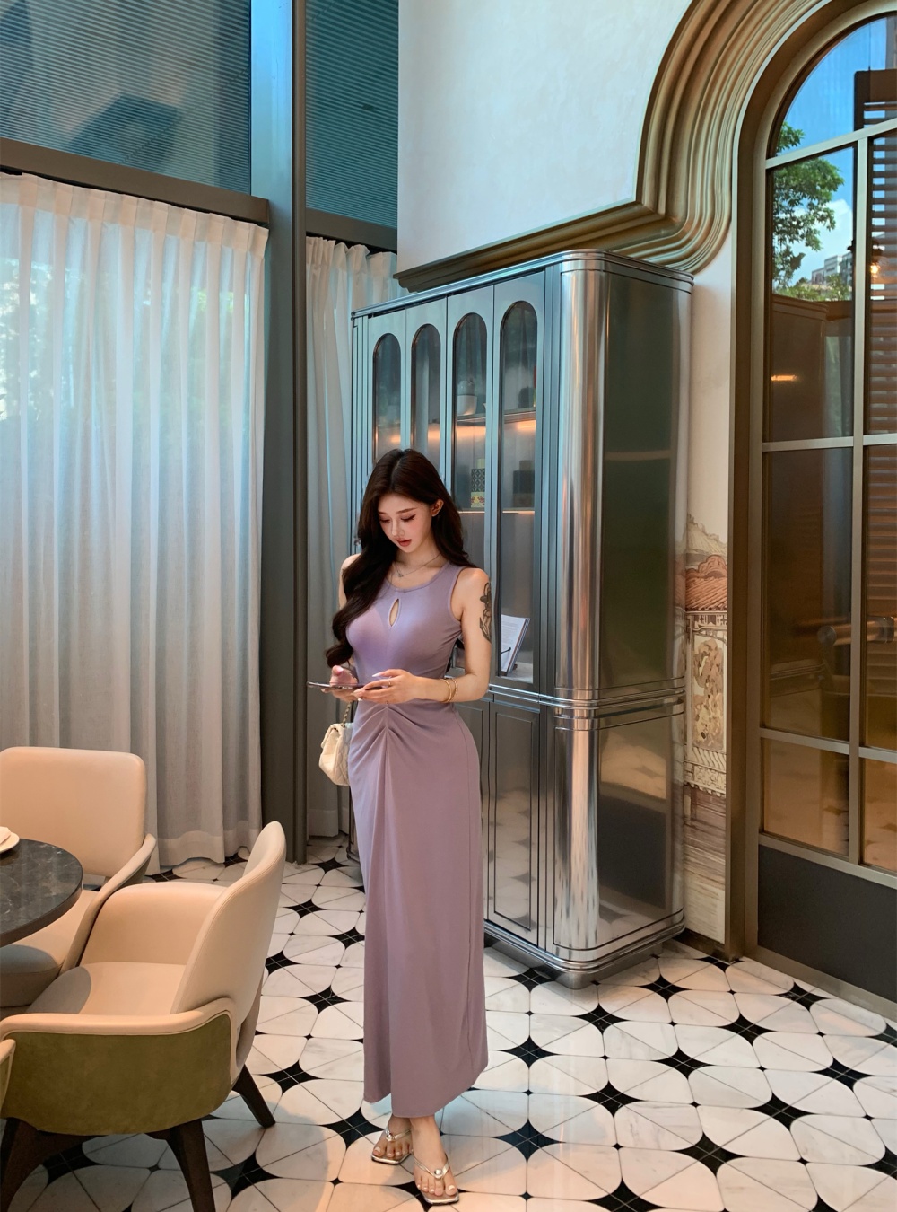 Fold temperament sexy purple dress slim tight summer vest for women