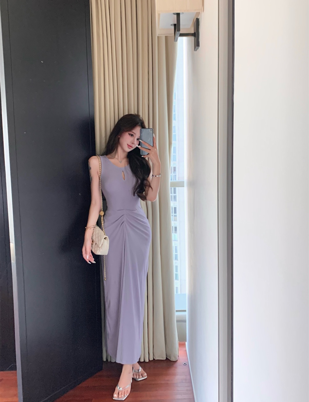 Fold temperament sexy purple dress slim tight summer vest for women