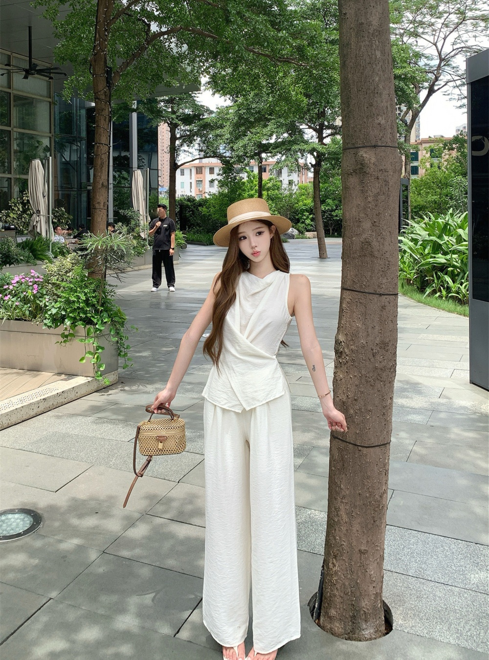 Sleeveless bandage tops pinched waist vest a set