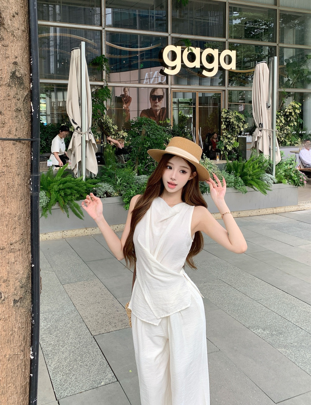 Sleeveless bandage tops pinched waist vest a set
