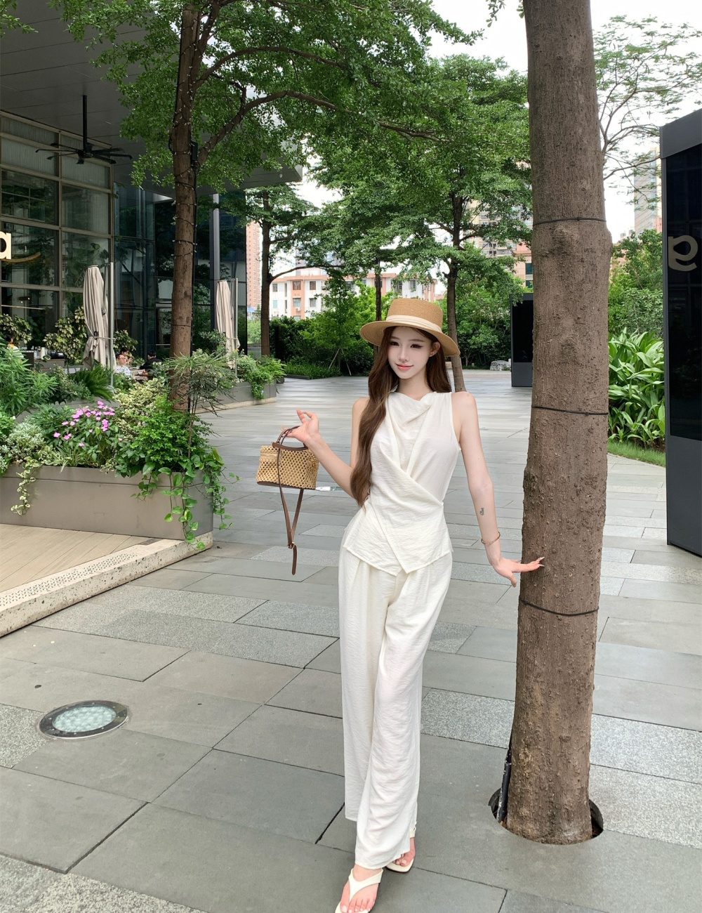 Sleeveless bandage tops pinched waist vest a set