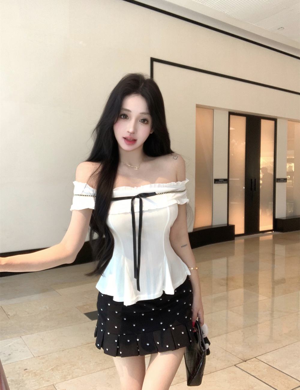 Lazy France style tops flat shoulder skirt a set